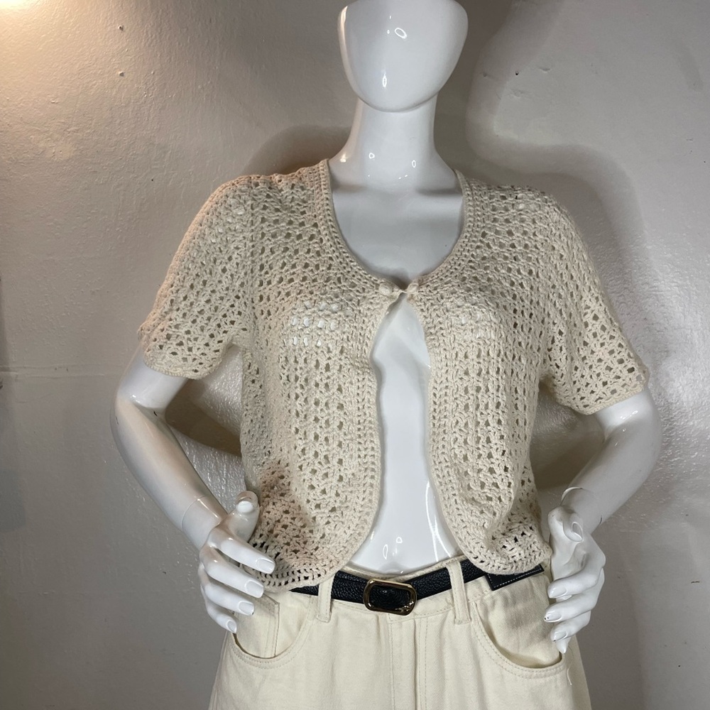 VTG karin stevens Cream Open-Knit Short Sleeve Cardigan